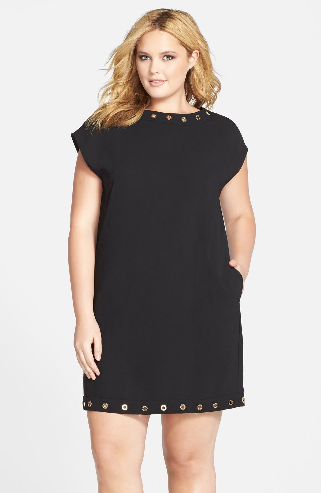 Calvin Klein Grommet Detail Short Sleeve Crepe Shift Dress (Plus Size