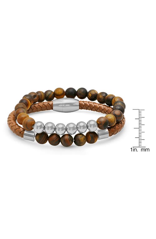 Hmy Jewelry Set Of 2 Beaded & Braided Leather Bracelets In Silver/brown