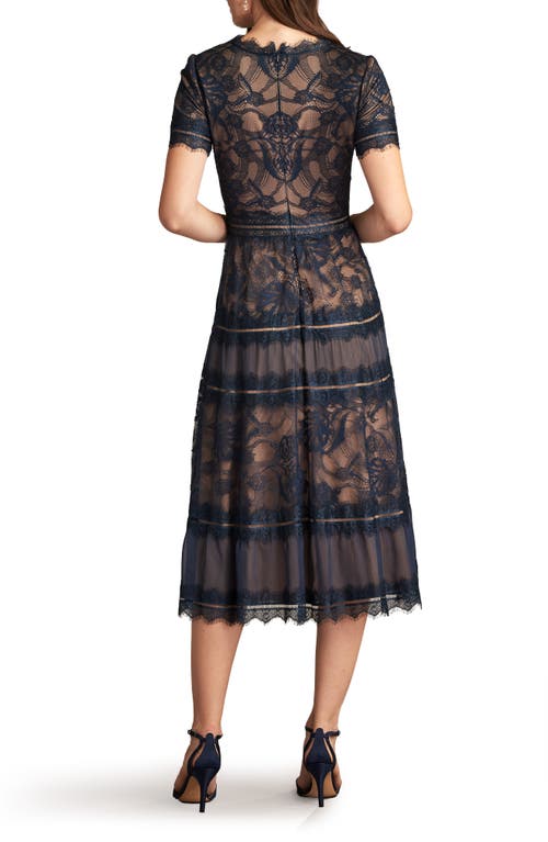 Shop Tadashi Shoji Lace & Mesh Midi Cocktail Dress In Navy/nude