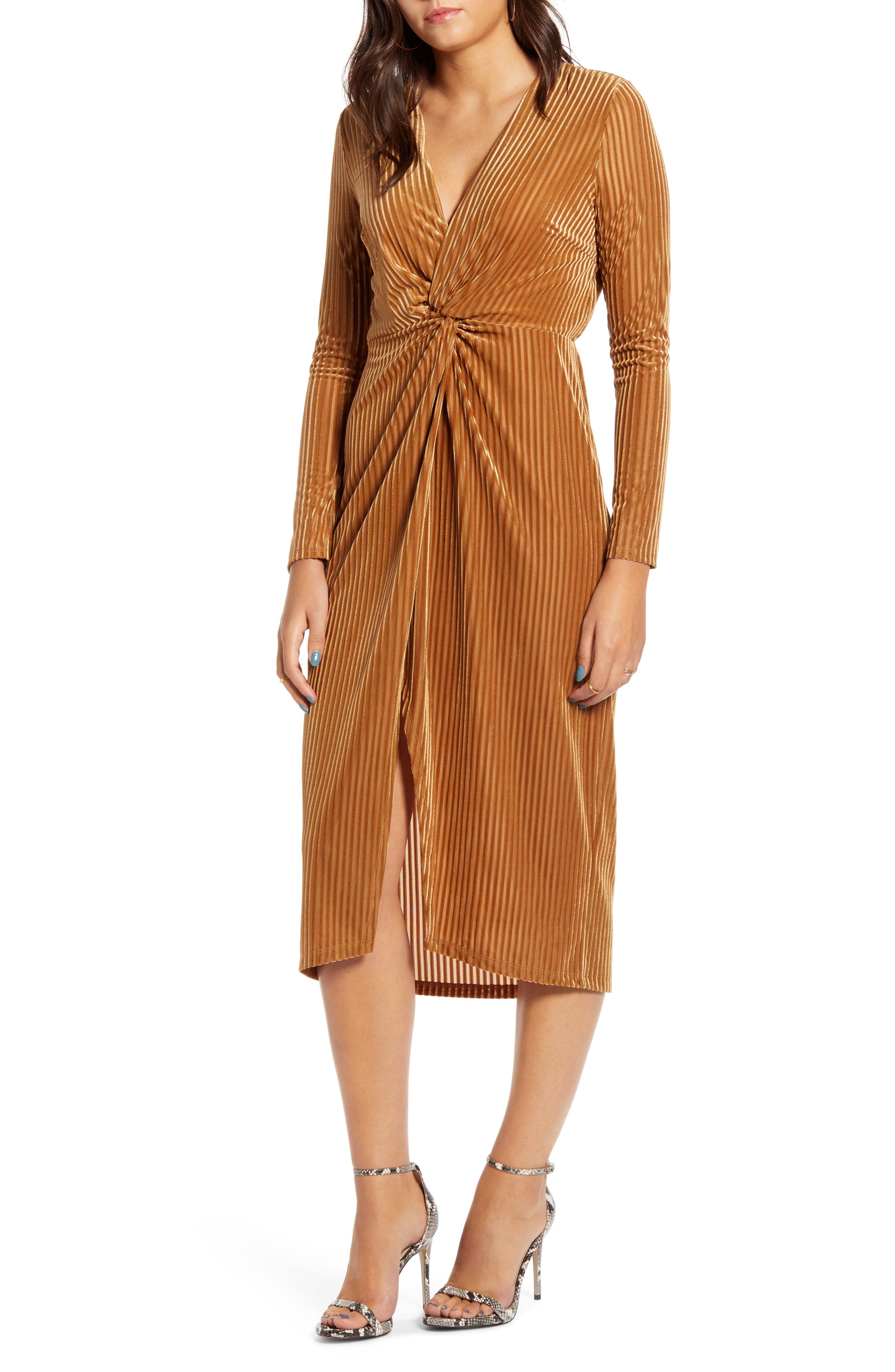 all in favor knot front midi dress