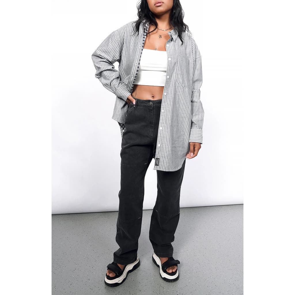 Wildfang The Essential Long Sleeve Oversized Wrap Button Up In Stripe Grey