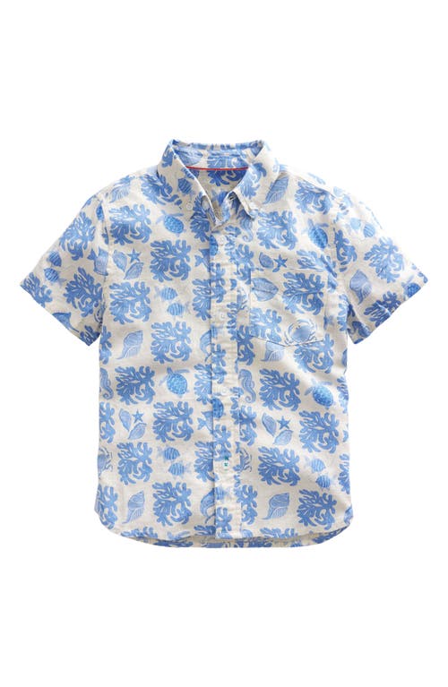 Mini Boden Kids' Aquatic Print Short Sleeve Linen & Cotton Button-Down Shirt in Provence Lagoon