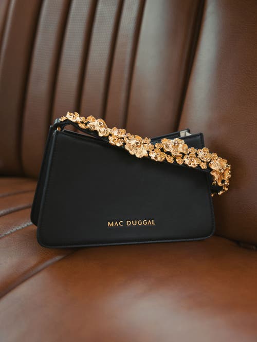 Mac Duggal Gold Floral Strap Nappa Leather Shoulder Bag In Black