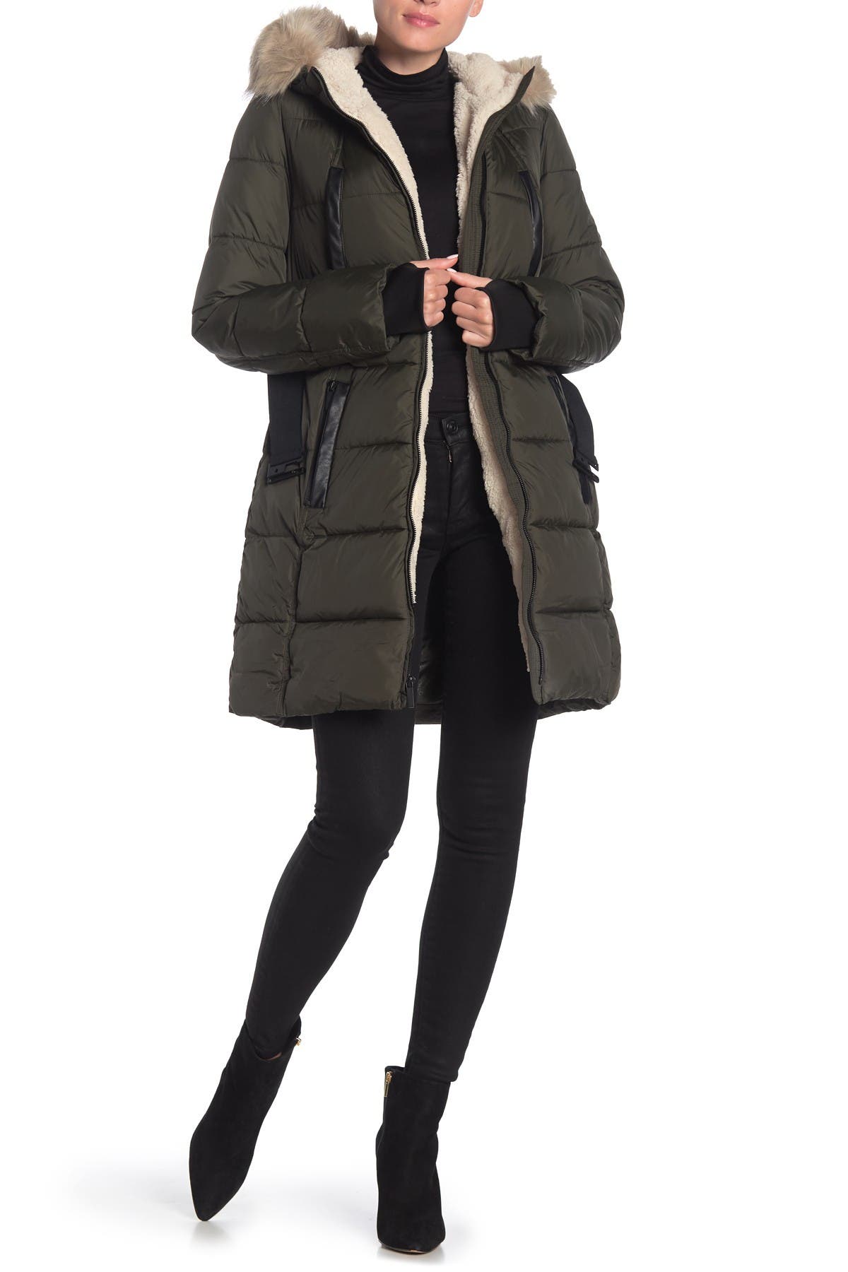 french connection waist belt quilted faux fur hooded jacket