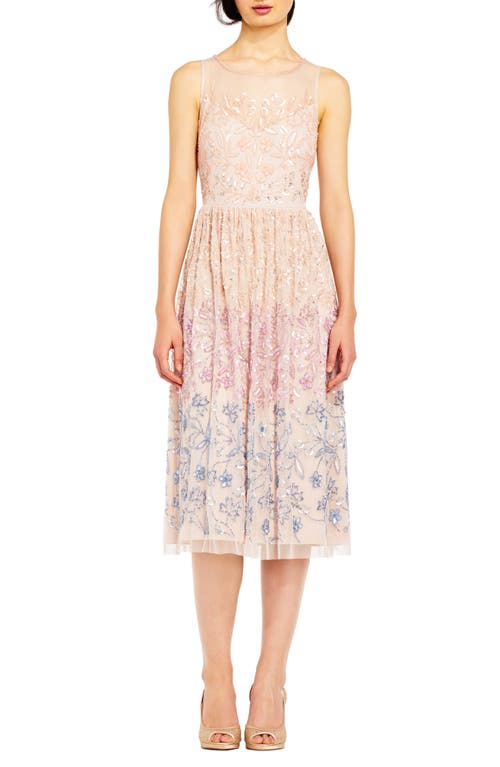 Adrianna Papell Beaded Illusion Neck Midi Cocktail Dress In Shell