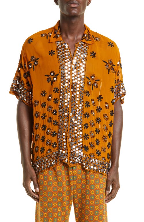 Bode Chunni Embroidered Short Sleeve Shirt in Brown Multi