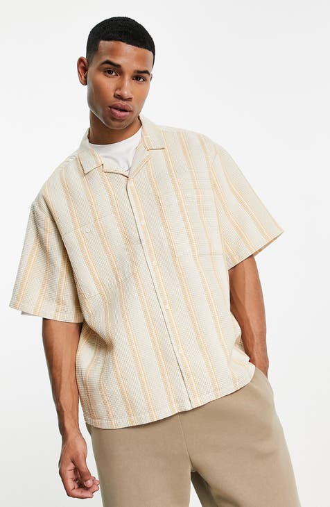 Mens Beige Embroidered Short Sleeve Button-Up Shirt