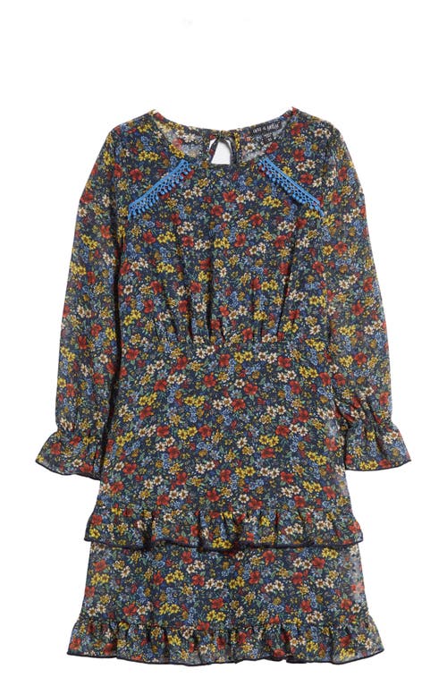 Ava & Yelly Kids' Floral Long Sleeve Tiered Dress Blue Multi at Nordstrom,