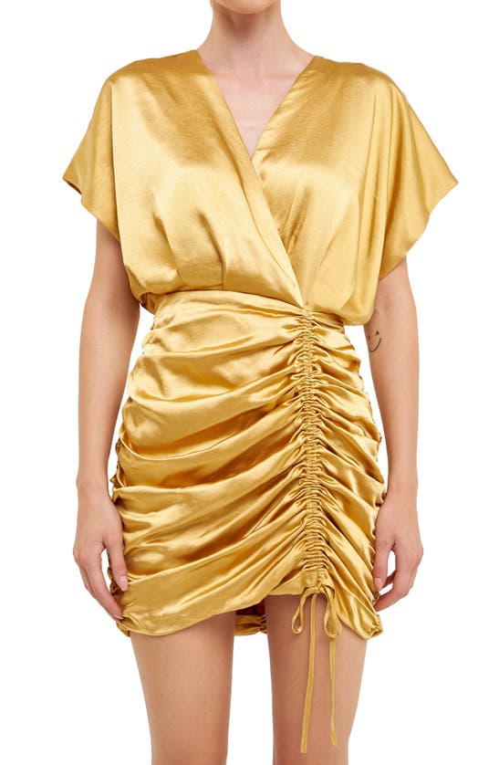 Shop Endless Rose Ruched Satin Minidress In Gold