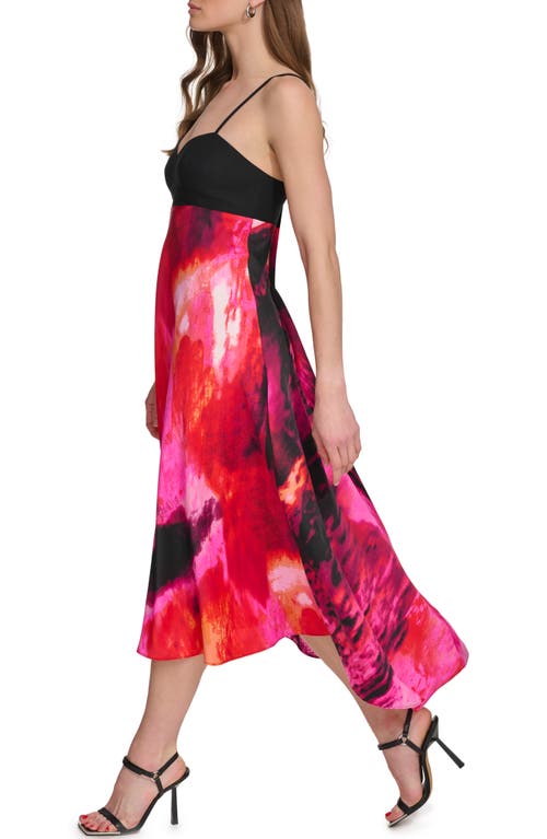 Shop Dkny Mixed Media Satin Back Crepe Midi Dress In Black/shocking Pink Multi