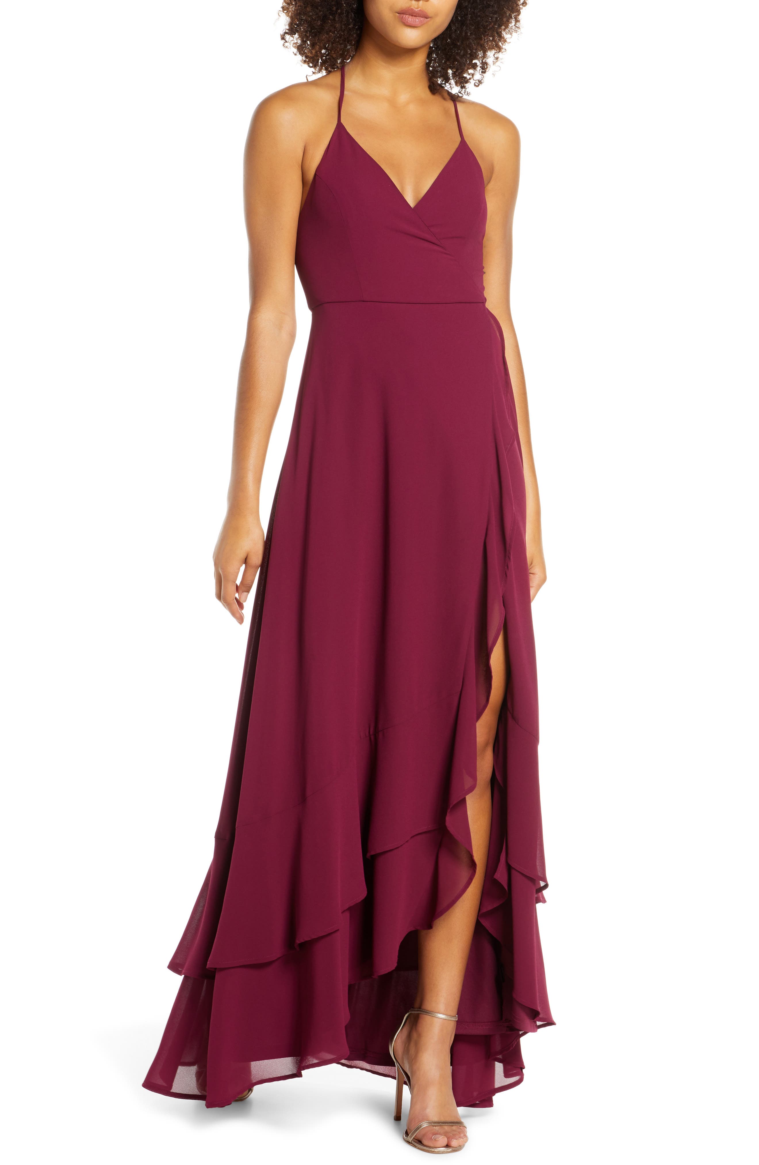 Lulus In Love Forever Lace-Up Back Chiffon Gown, Burgundy