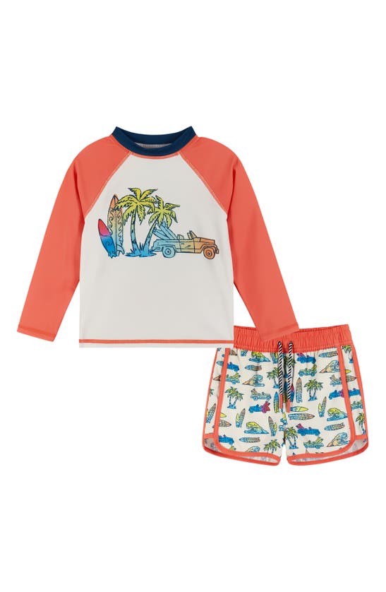 Shop Andy & Evan Long Sleeve Rashguard T-shirt & Swim Shorts Set In Orange Surf
