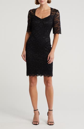 Connected Apparel Scalloped Lace Dress In Black
