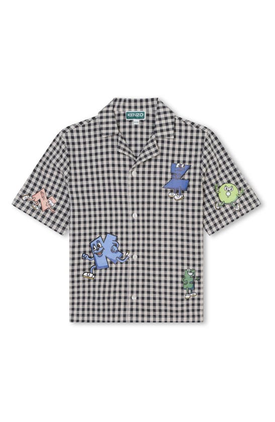 Shop Kenzo Kids' Gingham Short Sleeve Graphic Button-up Shirt In Ecru Grey