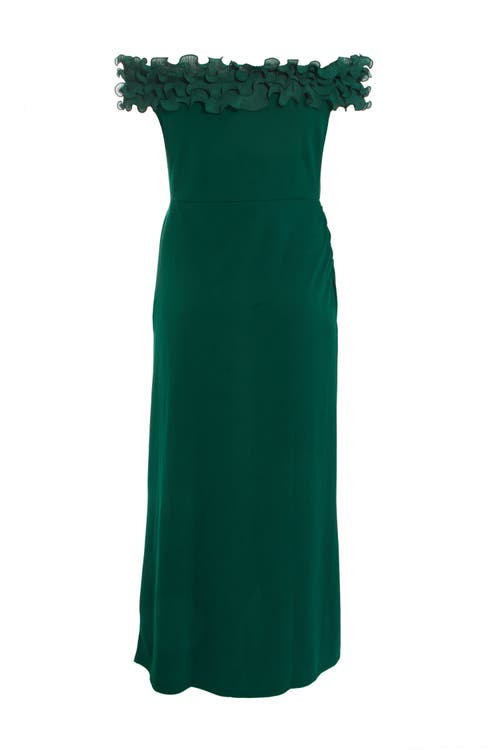 Shop Quiz Plus Size Scuba Crepe Ruffle Bardot Maxi Dress In Bottle Green