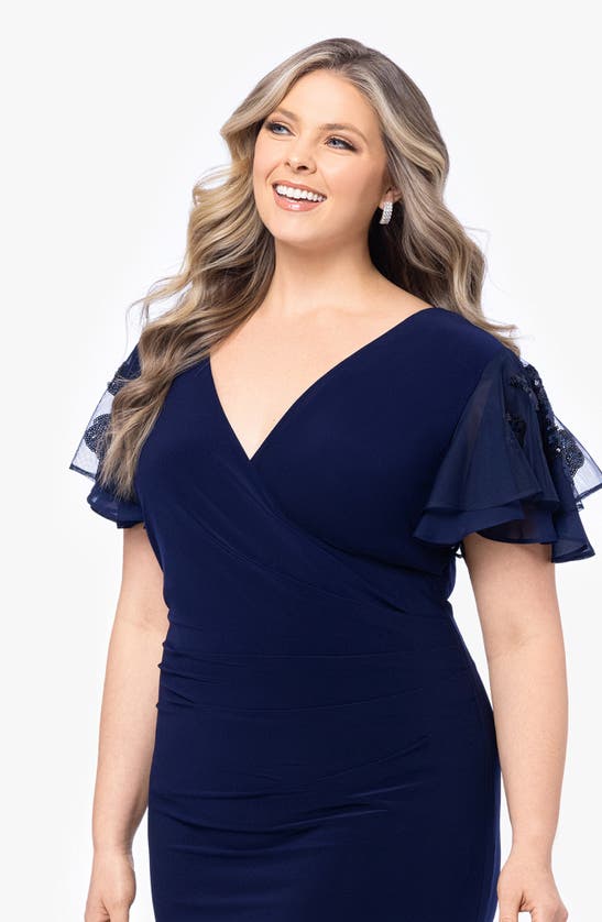 Betsy & Adam Sequin V-neck Flutter Sleeve Gown In Navy