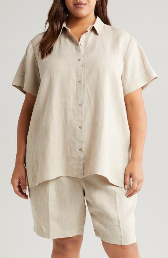 Eileen Fisher Classic Short Sleeve Organic Linen Button-up Shirt In Undyed Natural