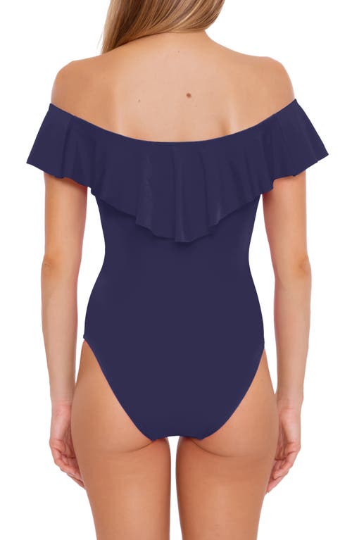 Shop Trina Turk Monaco Off The Shoulder Ruffle One-piece Swimsuit In Navy