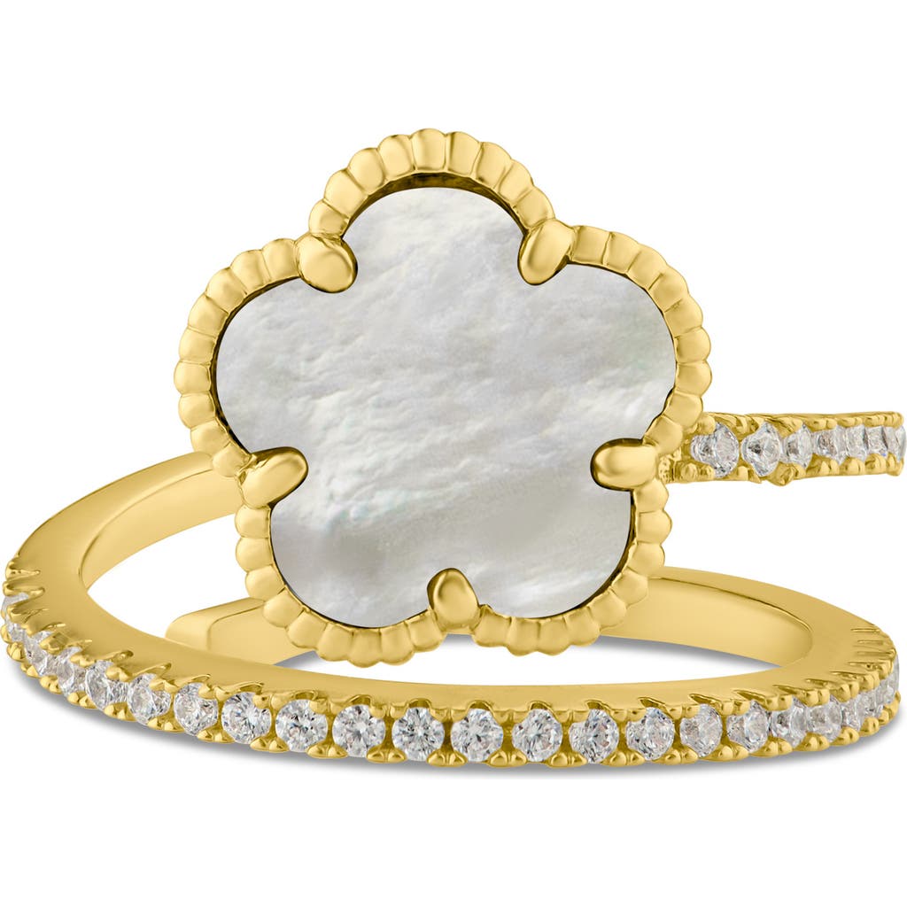 Shop Cz By Kenneth Jay Lane Cz Pavé Clover Wrap Ring In Mother Of Pearl/gold