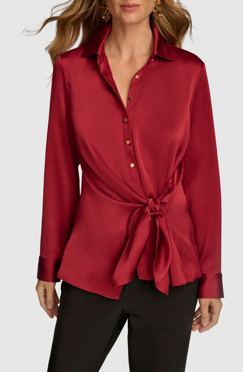 Shop Donna Karan Tie Waist Textured Satin Shirt In Red