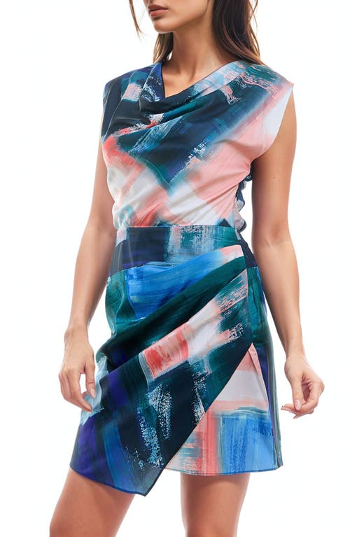 Shop Socialite Cowl Neck Asymmetric Hem Minidress In Navy Abstract Colorblock