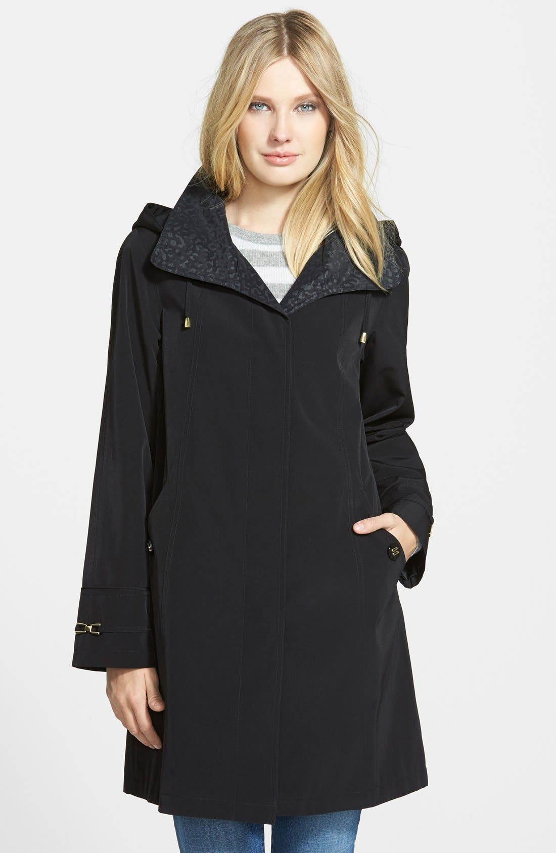 Gallery Leopard Embossed Collar ALine Raincoat with Detachable Hood