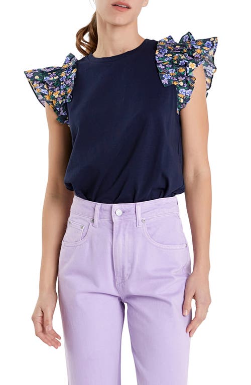 English Factory Floral Ruffle Sleeve Top In Navy Multi