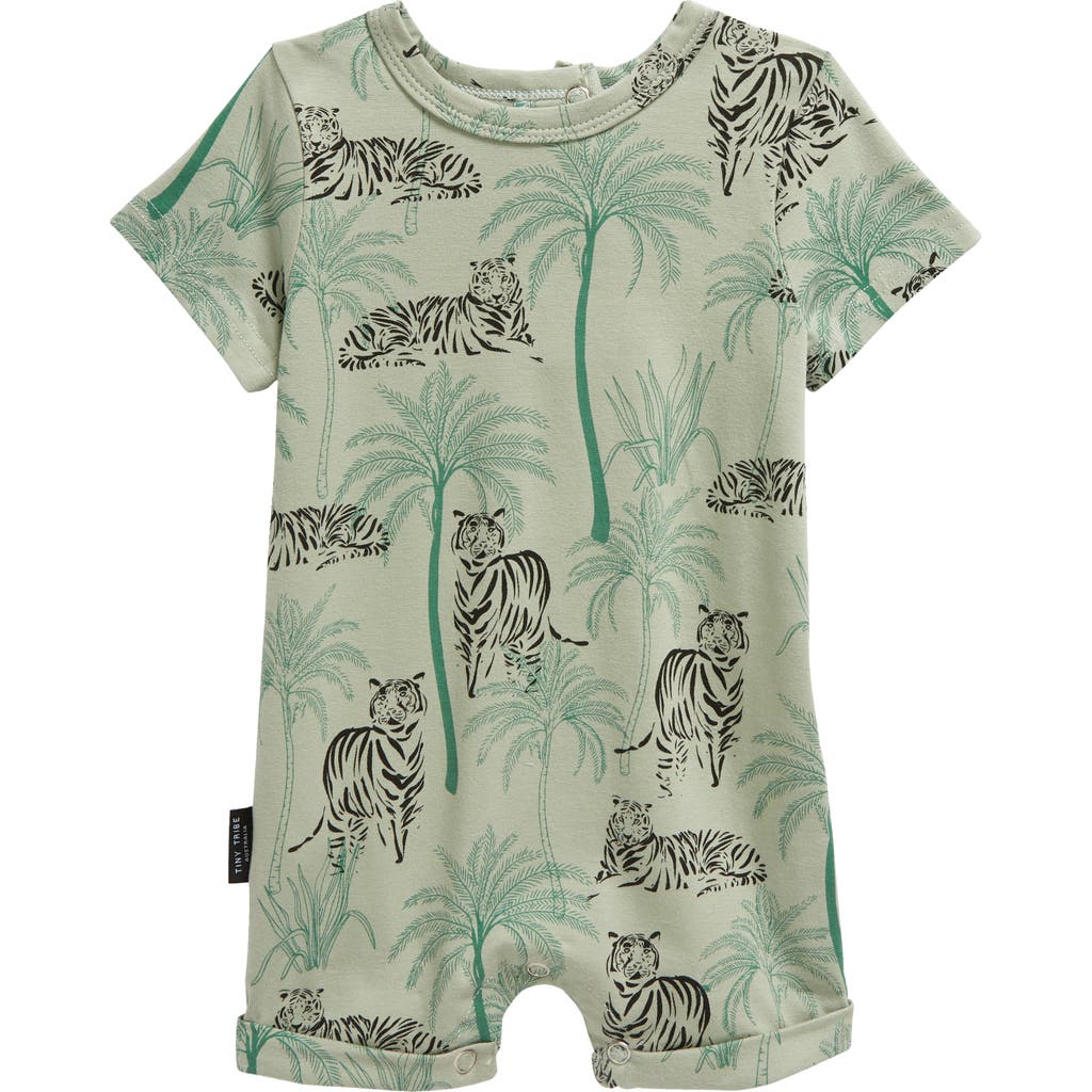 Tiny Tribe Tiger Stretch Cotton Romper In Green