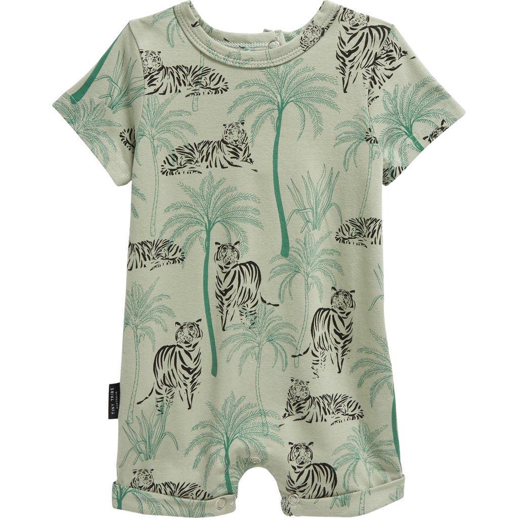 Tiny Tribe Tiger Stretch Cotton Romper In Green