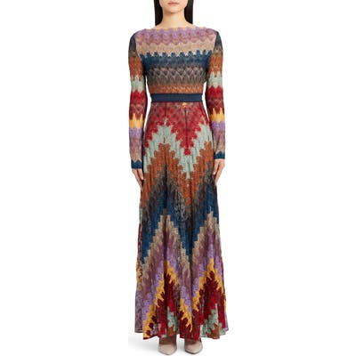 Missoni Metallic Zigzag Long Sleeve Knit Gown, US / 44 IT - Blue