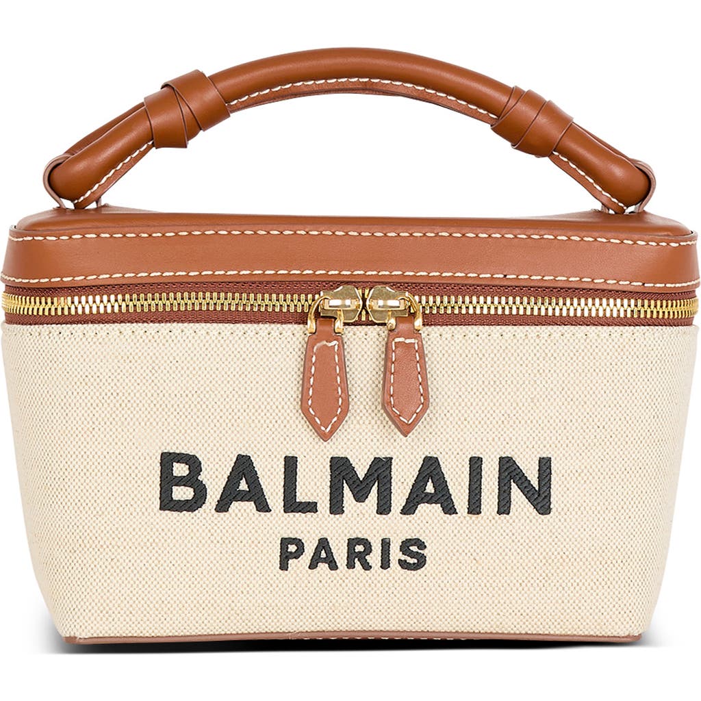 Shop Balmain B-army Logo Canvas & Leather Vanity Case Bag In Natural/brown
