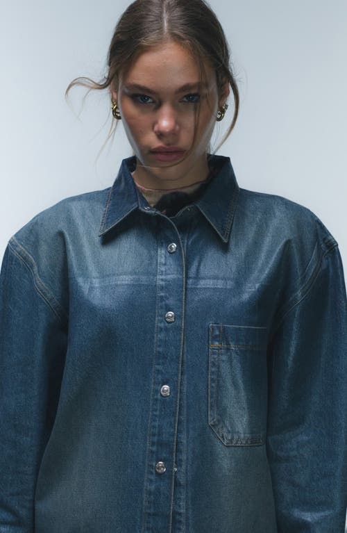 Shop Topshop Coated Denim Snap-up Shirt In Mid Blue