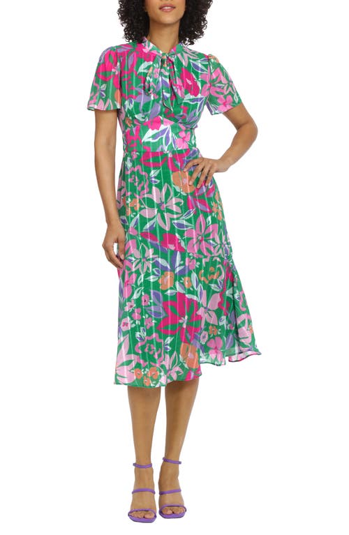 Maggy London Floral A-Line Midi Dress in Garden Green/Pink