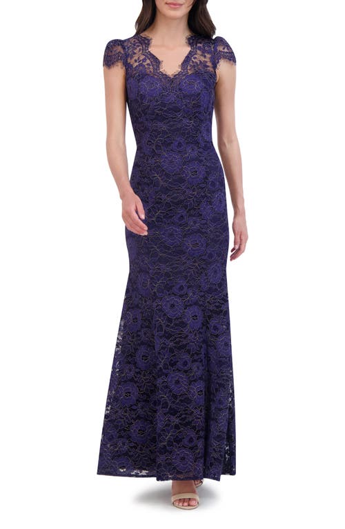 Shop Eliza J Eyelash Lace Cap Sleeve Trumpet Gown In Navy Gold