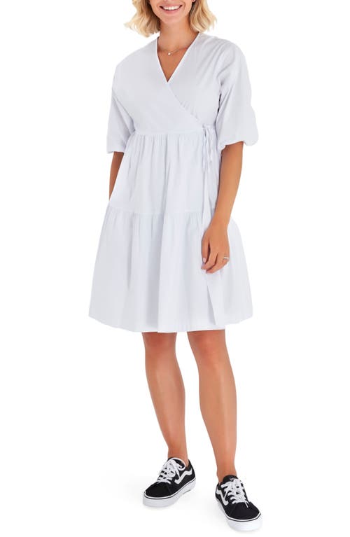 Tie Waist A-Line Maternity/Nursing Wrap Dress in White