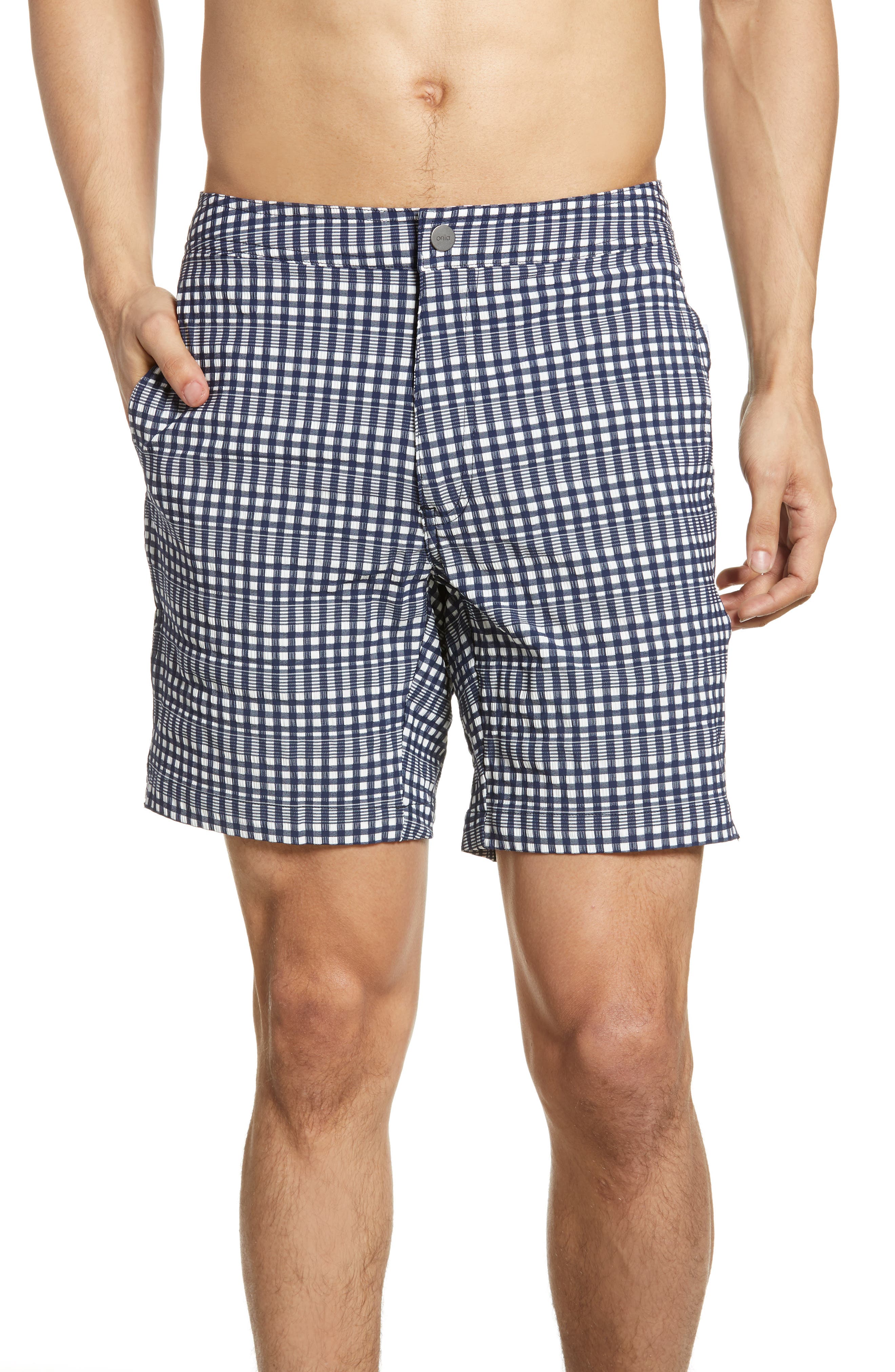 Onia Calder Plaid Swim Trunks, Blue