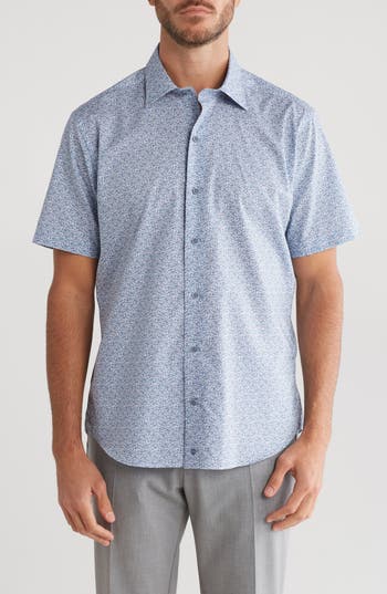 Shop David Donahue Print Cotton Short Sleeve Button-up Shirt In Blue/berry