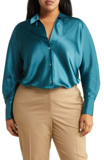 Shop Vince Fitted Silk Button-up Blouse In Blue Waltz