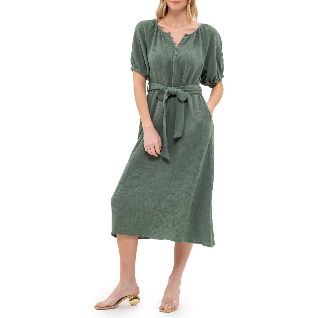 August Sky Puff Sleeve Midi Shirtdress In Hunter Green
