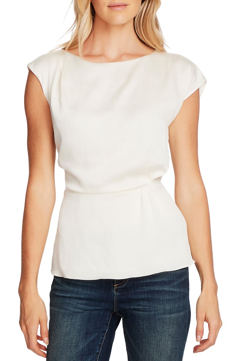 VINCE CAMUTO Cap Sleeve Rumple Satin Peplum Blouse, Main, color, PEARL IVORY