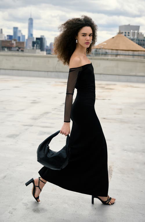 Marcella Marian Off The Shoulder Mesh Long Sleeve Gown In Black