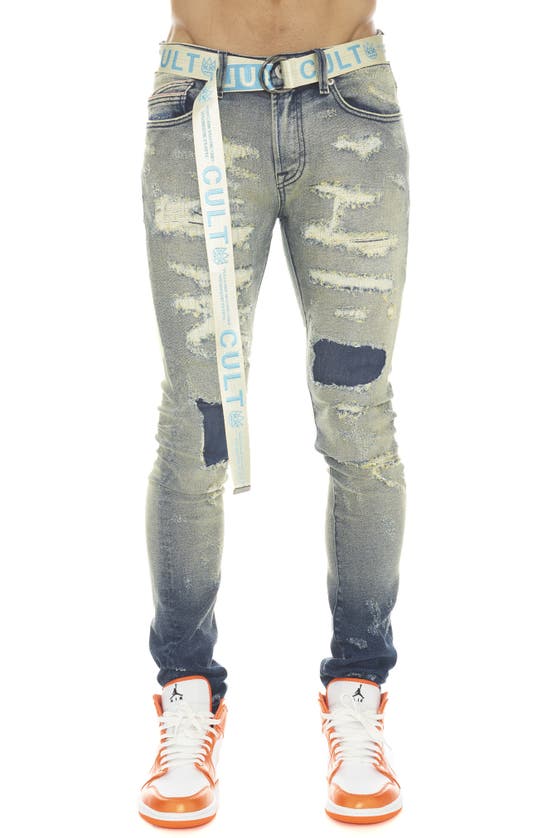 CULT OF INDIVIDUALITY PUNK RIP & REPAIR SUPER SKINNY STRETCH JEANS WITH WEB BELT