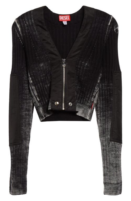 Shop Diesel ® Asera Mixed Media Crop Wool & Nylon Rib Cardigan In Black