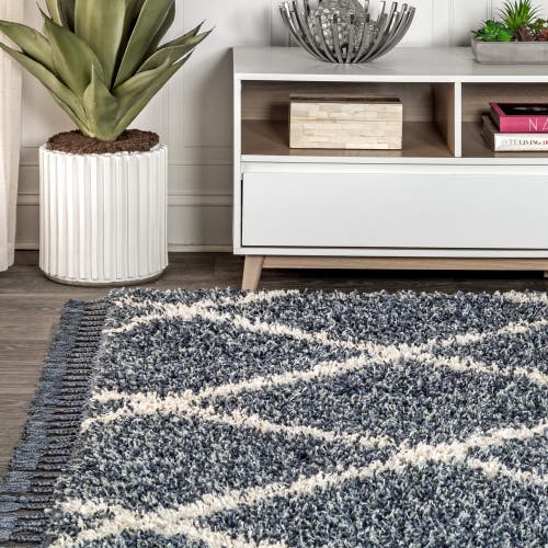 Jonathan Y Mercer Shag Plush Tassel Moroccan Geometric Trellis Denim Area Rug In Denim Blue/cream