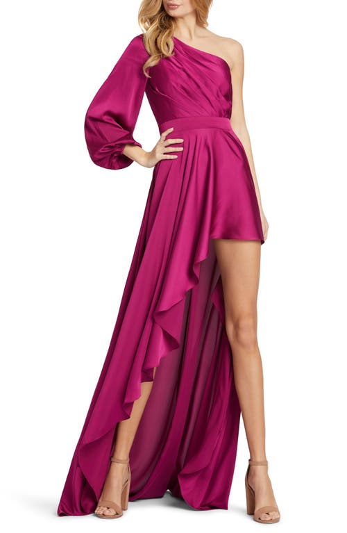 One-Shoulder Long Sleeve Satin High/Low Gown in Berry