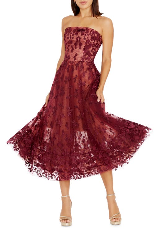 Dress the Population Kailyn Floral Appliqué Strapless Midi Burgundy-Beige at Nordstrom,