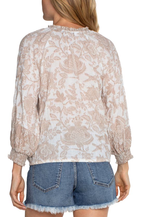 Shop Liverpool Los Angeles Floral Tie Neck Smocked Top In Tan/ White Floral