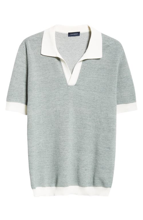 Aragon Contrast Trim Cotton & Linen Polo Sweater in Mid Green