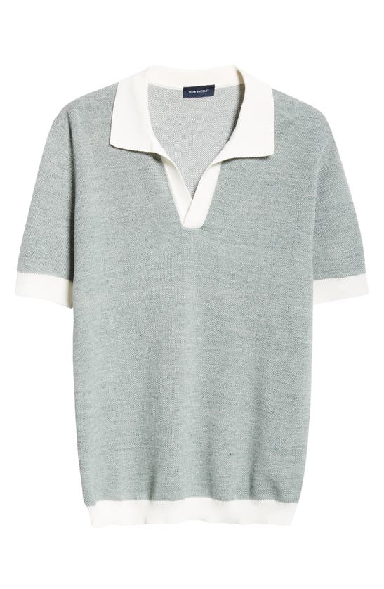Thom Sweeney Aragon Contrast Trim Cotton & Linen Polo Sweater In Mid Green