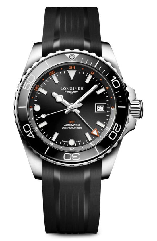 Shop Longines Hydroconquest Gmt Automatic Rubber Strap Watch, 41mm In Black
